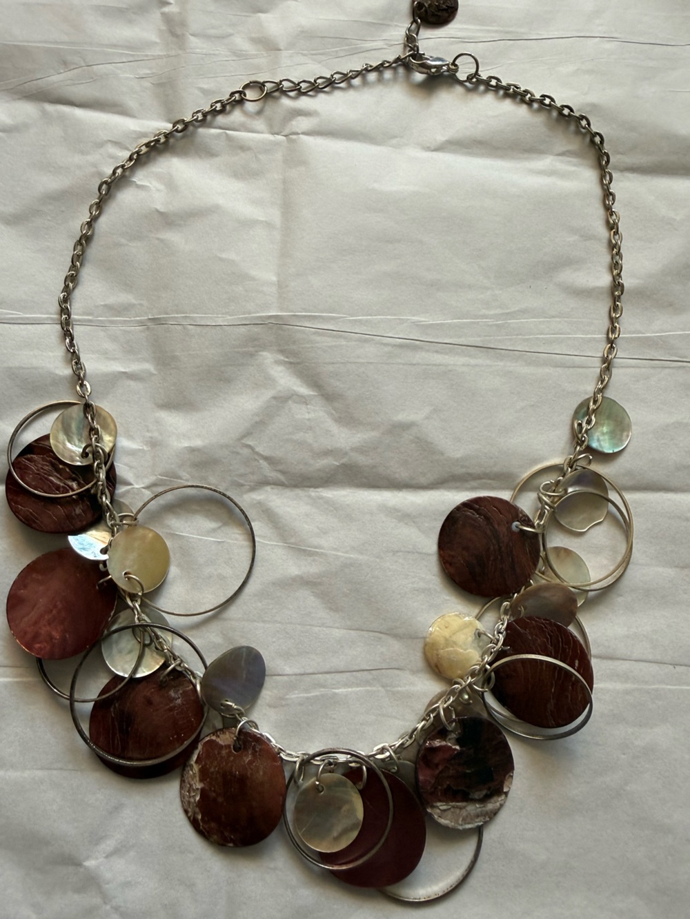 Silver Chain Necklace with Brown and Mother-of-Pearl Discs